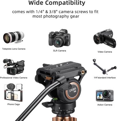 Штатив відео Cayer FP2450 з плинною головкою, 75 дюймів, алюміній, 4 секції, компактний, перетворюється на монопод, для DSLR, до 6 кг