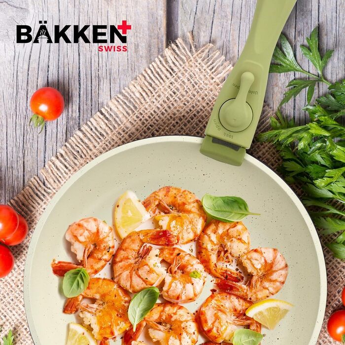 Набір посуду Bakken 15 предметів з антипригарним покриттям та знімними ручками – гранітні каструлі та сковороди, що складаються одна в одну, придатні для посудомийної машини та духовки, сумісні з усіма типами плит – зелено-кремовий