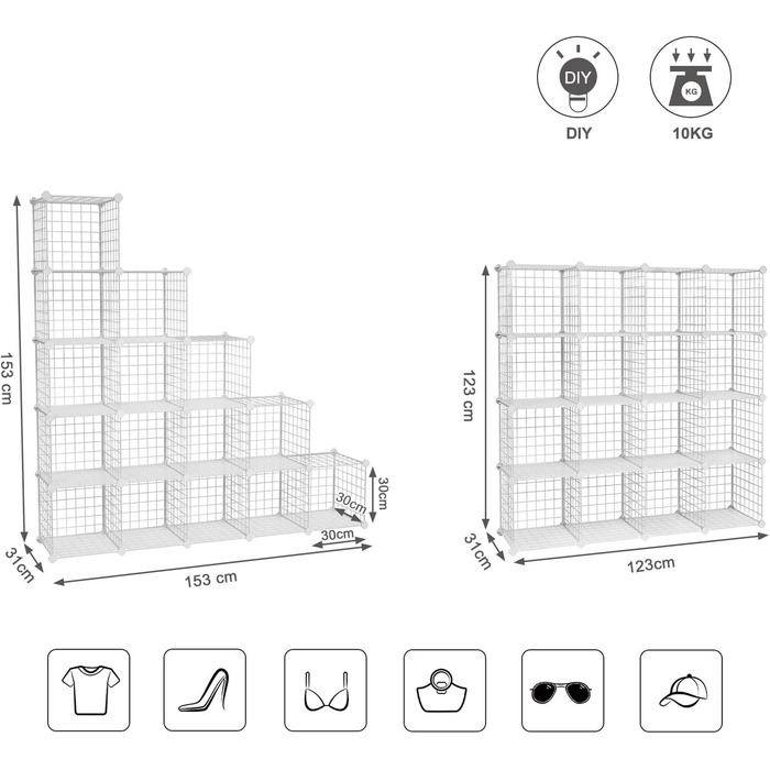 SONGMICS Storage Shelf, 16 Cube Storage System made of Metal Wire, DIY, Modular Grid Shelf, with Wire Frame, LPI44H (White)