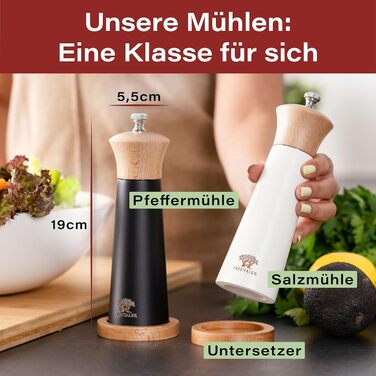 Plastic-Free Salt and Pepper Grinder with Coaster | Spice Grinder Set made of Solid Wood with Stepless Stainless Steel Mechanism and Ceramic Grinder | White & Black