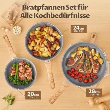 Набір сковорідок для індукції, 20/24/28 см, керамічне покриття з бакелітовою ручкою, антипригарне покриття, молекулярно з'єднане дно для індукції, підходить для всіх типів плит, без PTFE, PFAS та PFOA, 3 шт.