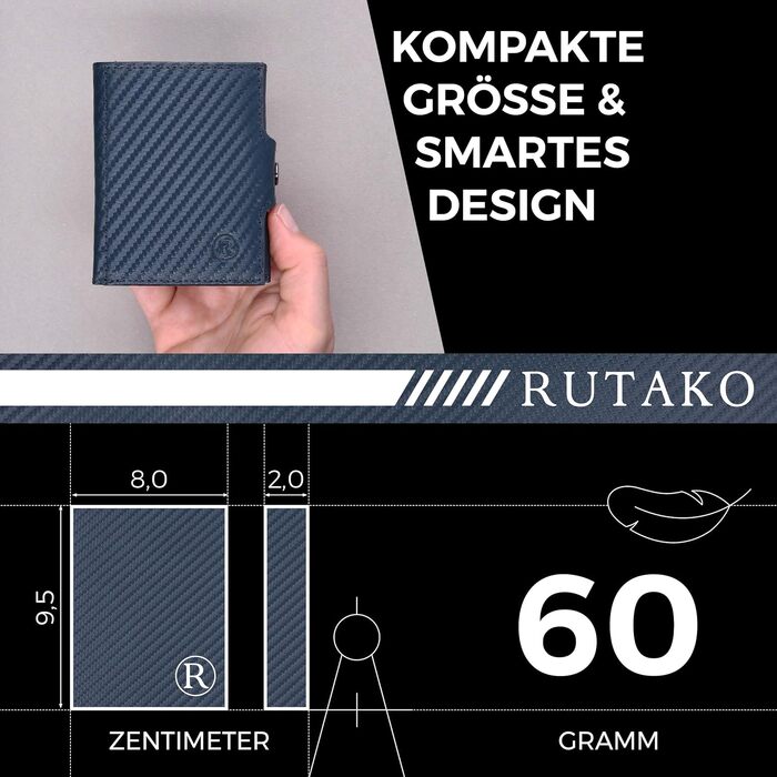 Слім-гаманець RUTAKO з RFID-захистом для чоловіків та жінок, компактний картхолдер з карбону, синій (без монетниці)