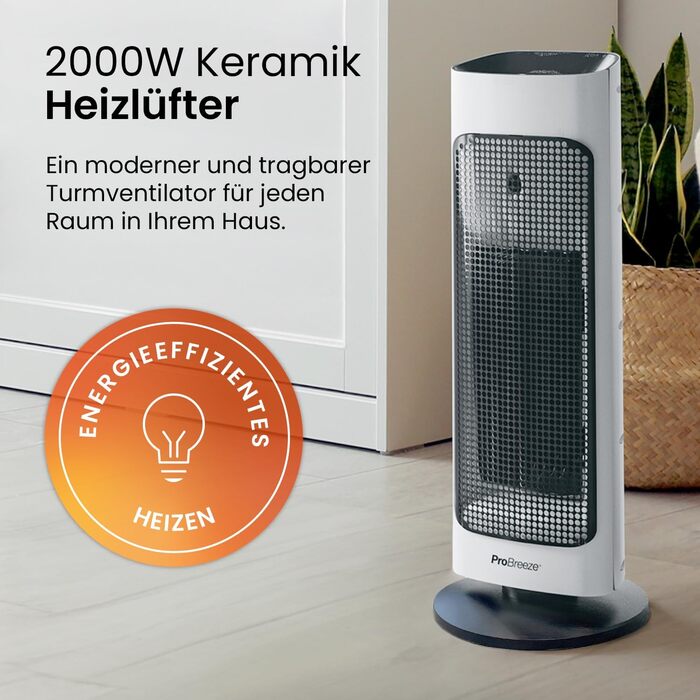 Електричний обігрівач Pro Breeze з керамічним нагрівачем, дистанційним керуванням, 7 рівнями нагріву, захистом від перегріву та таймером 24 години, енергозберігаючий режим ECO та тиха робота, 80° коливання