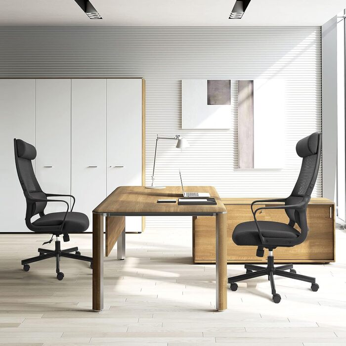 Ергономічне крісло для офісу з регульованою підголівником, крісло для робочого столу з широким сидінням, підтримкою попереку, офісне крісло 200 кг, сітчасте крісло, крісло для дому та офісу, комп'ютерне крісло EN 1335 (Чорний)