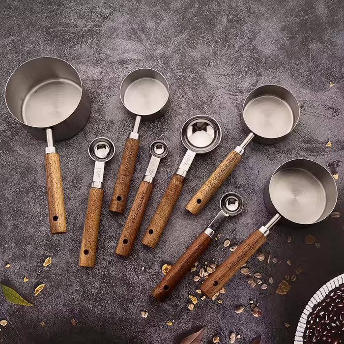 8-Piece Silver Measuring Cup Set and Measuring Spoon Set with Scale, BRIIEC Wooden Handle, Stainless Steel, Dry and Liquid Measuring Cups for Cooking, Baking
