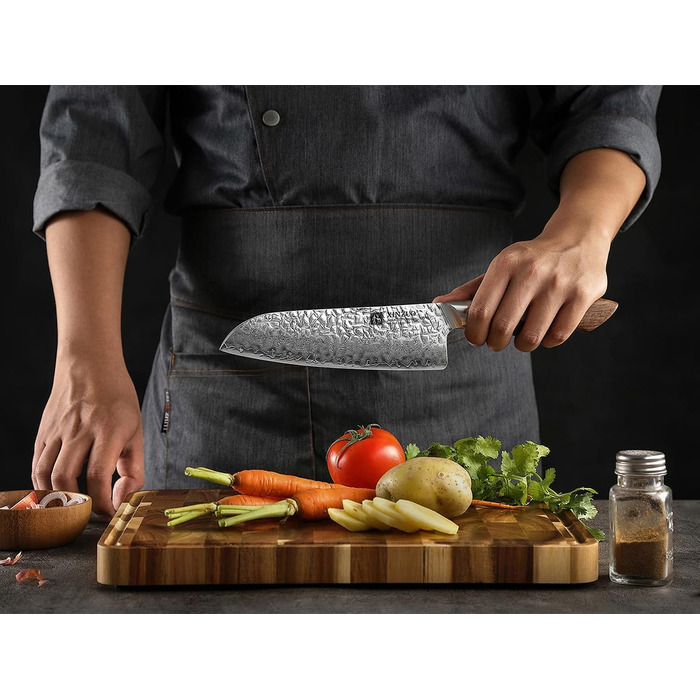 Японський кухонний ніж XINZUO Santoku з дамаської сталі (AUS-10) - професійний ніж шеф-кухаря з чорним дерев'яним руків'ям з горіха