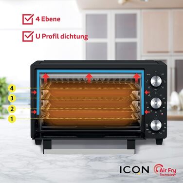 Міні-піч ICQN 50L з конвекцією, 1800 Вт, підсвічуванням, 5 функцій, таймером 60 хв, комплект форм для випічки, міні-печі (20 л з фритюрницею)