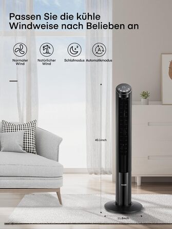 FOHERE Вентилятор Тур - Безшумний, 102 см, з пультом, 4 режими, 12 швидкостей, таймер 12 год, швидкість 7,6 м/с, для дому, спальні, офісу, чорний