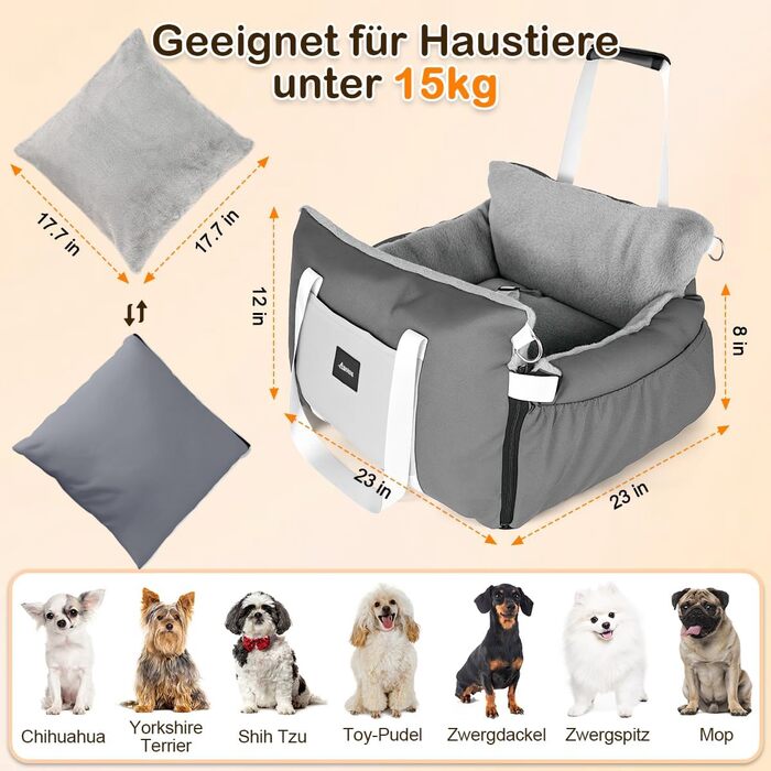 Автокрісло для собак 3-в-1 з переносною ліжком для маленьких собак – зручне автокрісло з розкладною поверхнею, м'яким матрацом, для переднього або заднього сидіння, внутрішнє та зовнішнє (02-Сірий)