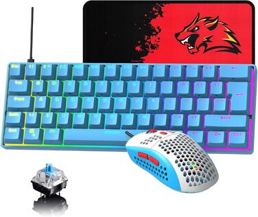 Ігрова клавіатура та миша UK-Layout з підсвічуванням RGB, 62 клавіші, механічна, 6400 DPI (чорний/червоний перемикач)