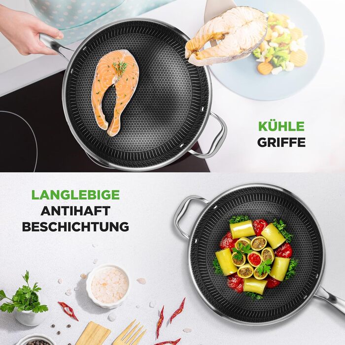 Набір посуду NutriChef з нержавіючої сталі, 6 предметів: сковороди з антипригарним покриттям 20 см, 25 см, 30 см з кришками, індукційні, стійкі до подряпин та придатні для духовки, набір посуду (вок 31 см)