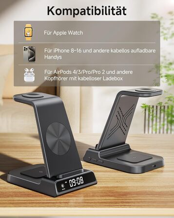 Бездротова зарядна станція 3-в-1 для Apple iPhone 16/15/14/13/12 Pro/Plus, Apple Watch Ultra 2/9/8/7/6/5, AirPods Pro/4/3/2 – Чорна