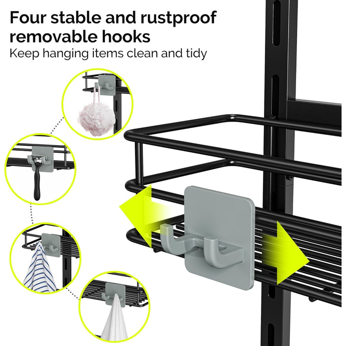 Регульована поличка для душу Orimade, сіра, 5 ярусів, з гачками, для зберігання в ванній кімнаті, з мильницею, на присосці, для ванної кімнати