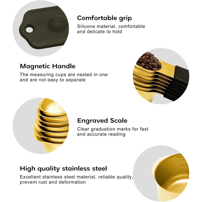 Magnetic Measuring Cup and Spoon Set, including 7 gold-colored stainless steel measuring cups and 8 magnetic gold measuring spoons with 1 leveler for cooking and baking