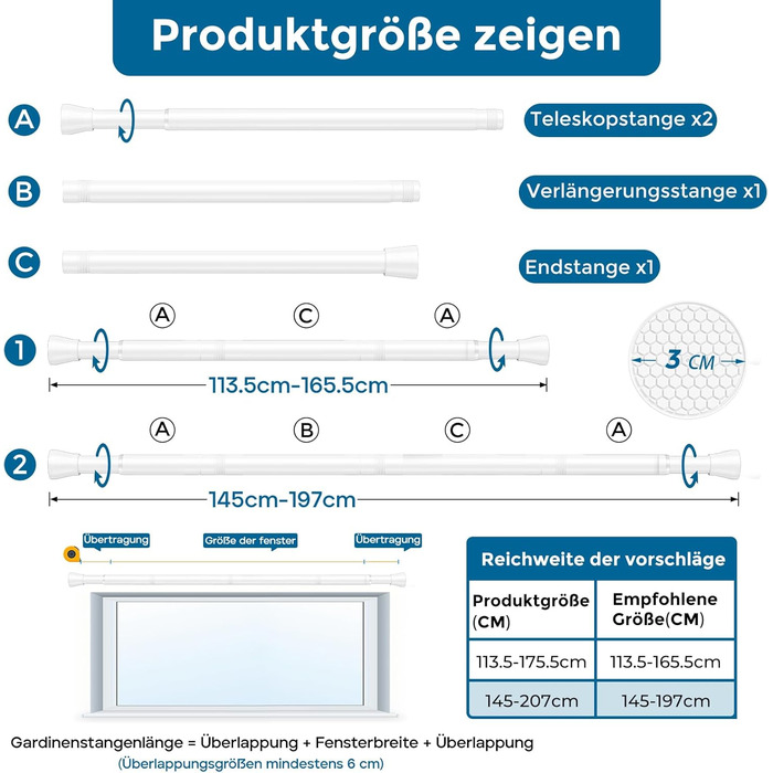 Штанга для штор без свердління AIZESI, 70-120 см, телескопічна, діаметр 22 мм, біла