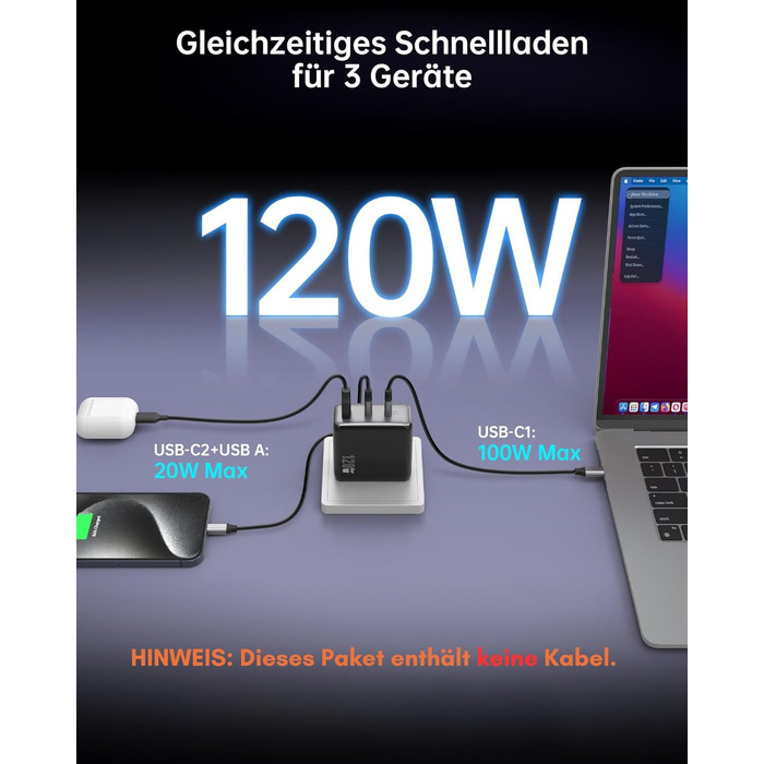 Зарядний пристрій USB-C 67W NOVOO GaN III 3-порти, швидка зарядка для MacBook, iPad, Pixel, Samsung, iPhone, Steam Deck (Чорний)