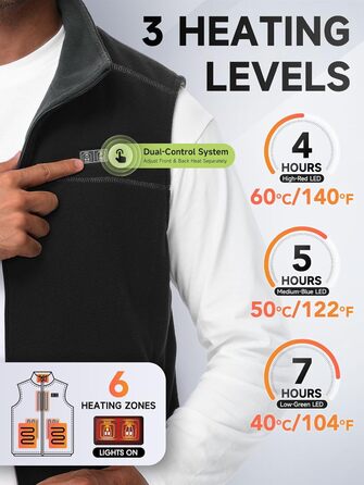 Обогріваючий жилет/куртка з підключенням до Powerbank, Microfleece, 6 зон нагріву, 3 режими температури, для жінок та чоловіків, чорний