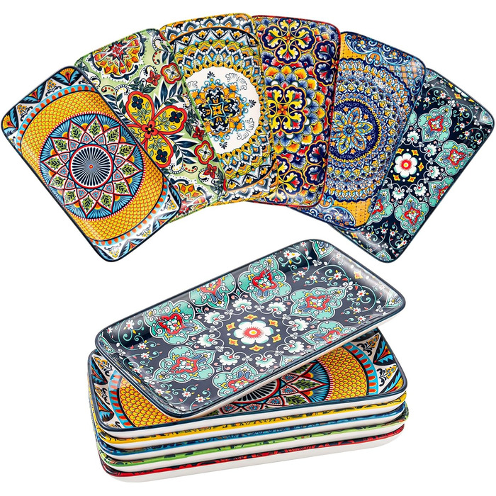 Сервіровочні тарілки HENXFEN з порцеляни, 10 дюймів, набір прямокутних тарілок для салату, закусок, сашимі, богемний квітковий дизайн у 6 яскравих кольорах