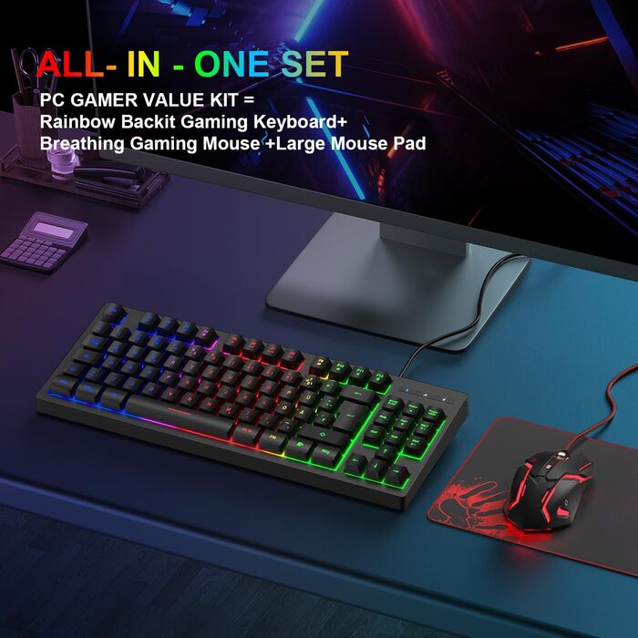 Ігровий набір клавіатури та миші, QWERTZ DE, 75% TKL, RGB, провідна, ергономічна, 4 кольори LED, великий килимок, USB, Plug & Play для ПК