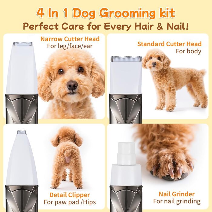 Набір машинок для стрижки собак Ninonly 4-в-1 Тиха, акумуляторна машинка для собак та котів з 4 насадками для тіла, лап, очей, вух. Тример для лап собак (Gunmetal)