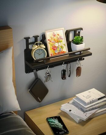 Дерев'яне ключниця-органайзер на стіну з полицею, 7 гачків, чорний, для дому