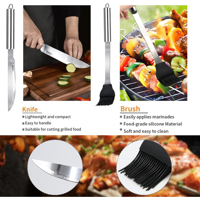 Набір гриль-посуду 11 предметів, 34 см, нержавіюча сталь, аксесуари для гриля: щипці, виделка, переносна сумка, практичний багатофункціональний набір для барбекю, подарунок для чоловіків, сріблястий
