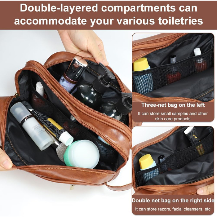 Чоловіча косметичка Kulturbeutel, водонепроникна сумка з PU-шкіри, чоловіча валізка з вологостійким мішечком, двошарова косметичка, дорожня сумка для чоловіків (коричнева шкіра)
