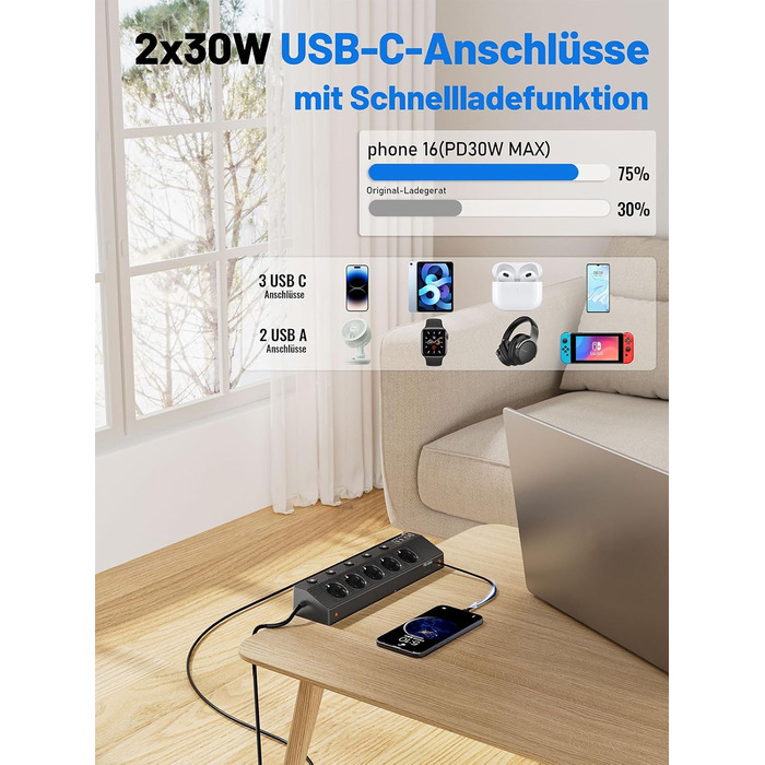Мережевий адаптер PASSUS з 5 розетками, 2 USB-C (PD 30W), захист від перенапруги, індивідуальне вмикання, 10-в-1, з кабелем 2м, для офісу, чорний