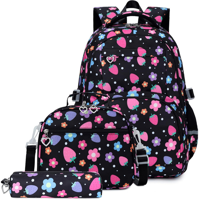 Шкільний рюкзак для дівчинки-підлітка вінтажний, набір. Квітковий дизайн, рюкзак для ноутбука, шкільні сумки для жінок. Підходить для школи, подорожей. У комплекті: ланч-бокс та пенал. Колір: полуниця, чорний