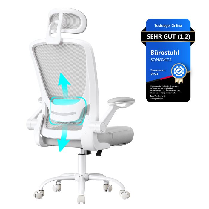 Офісне крісло SONGMICS з ергономічною спинкою з сітки, підпору для попереку та підголівником, функцією гойдання, регульованими підлокітниками, для офісу, спальні, студентів, OBN37BK (Тауновий сірий)