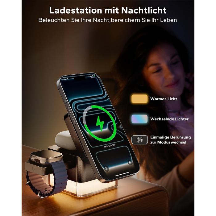 База для зарядки Apple Watch та iPhone KPON Magsafe 3-в-1, сумісна з iPhone 17/16/15/14/13/12/Air/Pro Max, Apple Watch 11/10/9, AirPods (Сірий/Чорний)