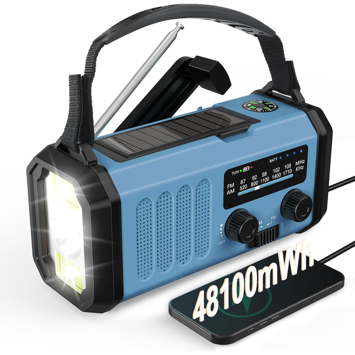 Сонячне радіо з ручним приводом, динамо, екстрене радіо AM/FM з ліхтариком, SOS, компас для дому та відпочинку на природі, USB-зарядка, 48100mAh, блакитне