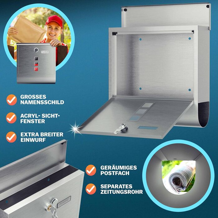 Поштовий ящик Monzana Kreuzschloss з мідним циліндром, поворотна кришка, 31x10x34 см, вікно, табличка для імені, відділ для газет, сталь, 2 ключі, чорно-срібний