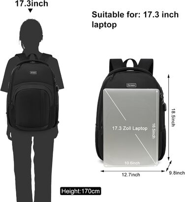 Рюкзак YIORMIOR для підлітків, чоловіків та жінок, 35L, USB-порт, для ноутбука 15.6-17.3 дюйма (Чорний)