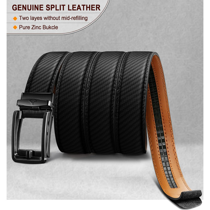 Чоловічий шкіряний ремінь BULLIANT з автоматичною застібкою, ширина 35 мм, регульований, чорний