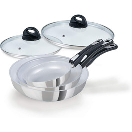 Набір сковорідок Genius Cerafit Steel: 5 штук з керамічним покриттям (20, 24, 28 см) + скляна кришка. Підходять для всіх плит, включаючи індукційні.