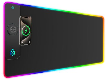 Ігровий килимок для миші RGB з бездротовою зарядкою Qi 15W, 800x350x4мм, 10 режимів підсвічування, швидка зарядка 10W для iPhone та навушників, водонепроникний, протиковзаючий (Чорний-Max)