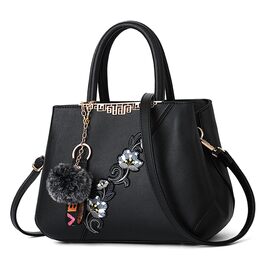 Сумка жіноча DIRRONA велика – сумка через плече та шопер з квітковою вишивкою та помпонами, чорна. Для роботи, відпочинку, подорожей, вечірок та весіль