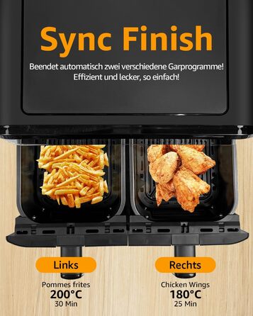 Фритюрниця повітряна Jacgood з 2 кошиками, 1800W, 9L, цифрове керування, 8 меню, з прозорим вікном