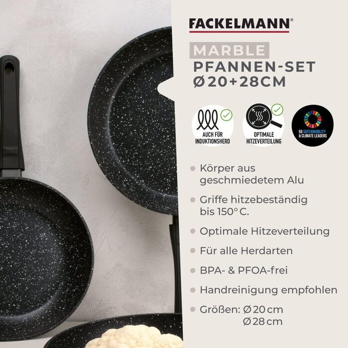 Набір сковорідок Fackelmann Marble 20 см та 24 см, антипригарне покриття, з 90% переробленого алюмінію, ергономічна ручка, індукційні (2 шт.)
