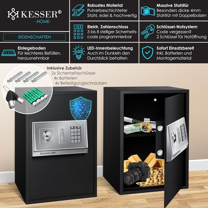 Електронний сейф KESSER® для дому та офісу 31x20x20 см, з подвійним замком, кріпленням, внутрішнім освітленням, сталевий (чорний, XL)