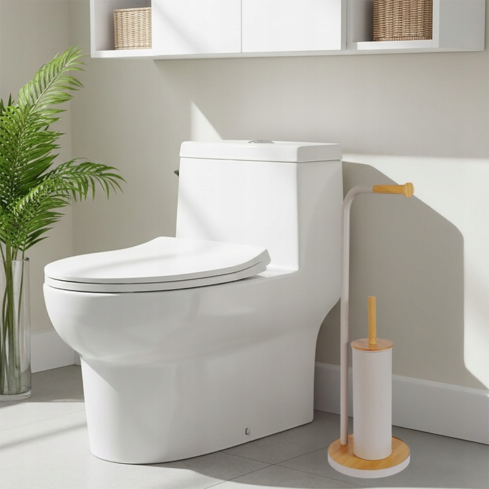 Стильний тримач для туалетного паперу з ергорегічним йоржиком для унітаза, бежевий бамбук та сталь