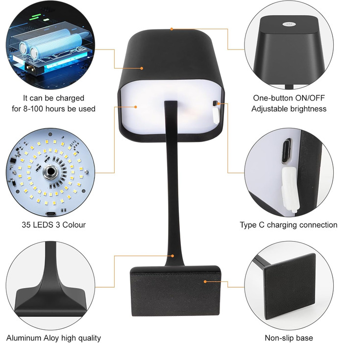 LED настільна лампа бездротова диммируемая торканням - 3 колірні температури, 5200mAh акумулятор, зарядка USB-C, водонепроникність IP54, алюміній, для дому та вулиці, нічник, настільна лампа для їдальні, робочий стіл (чорний)