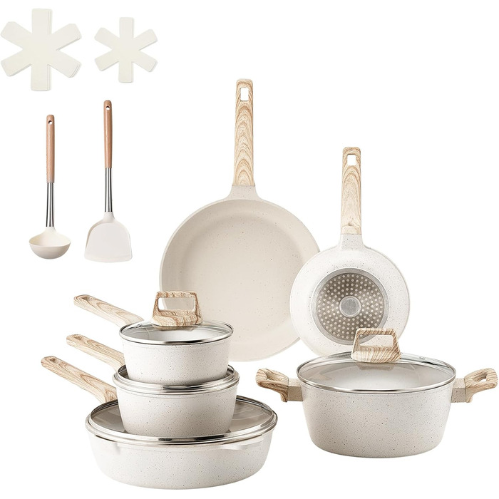 Набір посуду VEVOR індукційний 17 предметів з кришками, антипригарне покриття, для плити, кухні, кемпінгу - білий