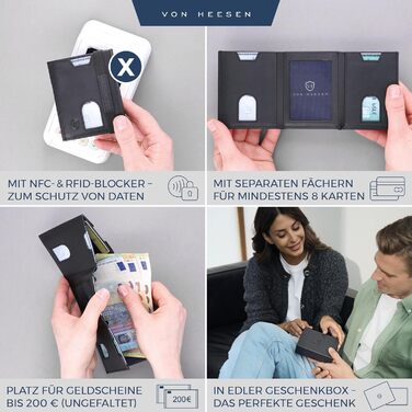 Картхолдер Von Heesen з монетницею RFID захист, шкіряний гаманець для жінок та чоловіків, чорний (Waxy)