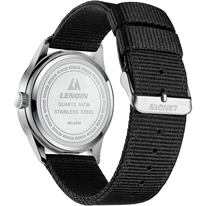 Чоловічий годинник LN LENQIN: аналоговий кварцовий годинник з нейлоновим ремінцем, 30M водостійкість, з датою (чорний, срібний, чорний)