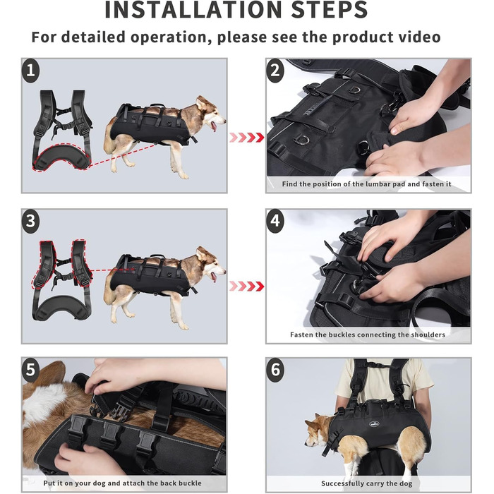 Сумка-переноска для собак великих порід Wakytu: переноска-рюкзак для собак з проблемами суглобів, травмами, літніх собак. Макс. вага 30-40 кг (3XL, чорний)