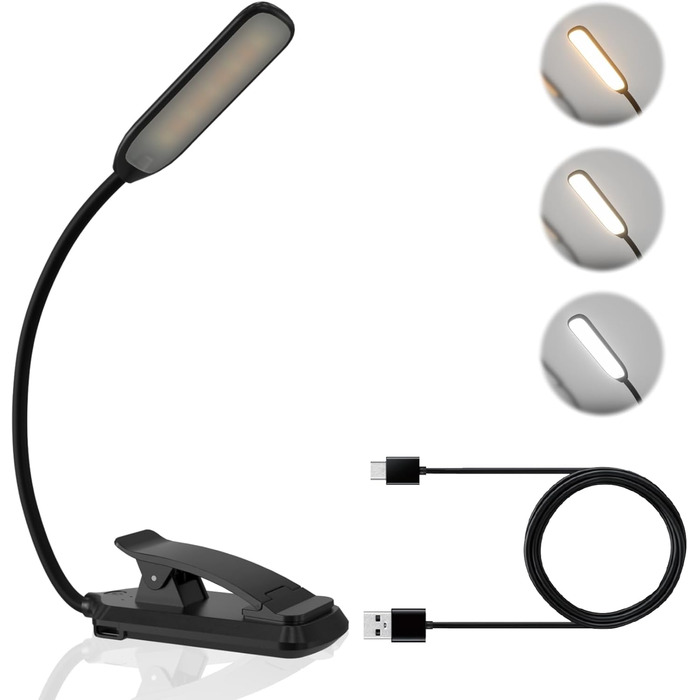 LED лампа для читання з кліпсою, USB перезарядна, 3 режими температури кольору, регульована яскравість, 360° гнучкий світильник для ліжка, столу та подорожей, білий (чорний)