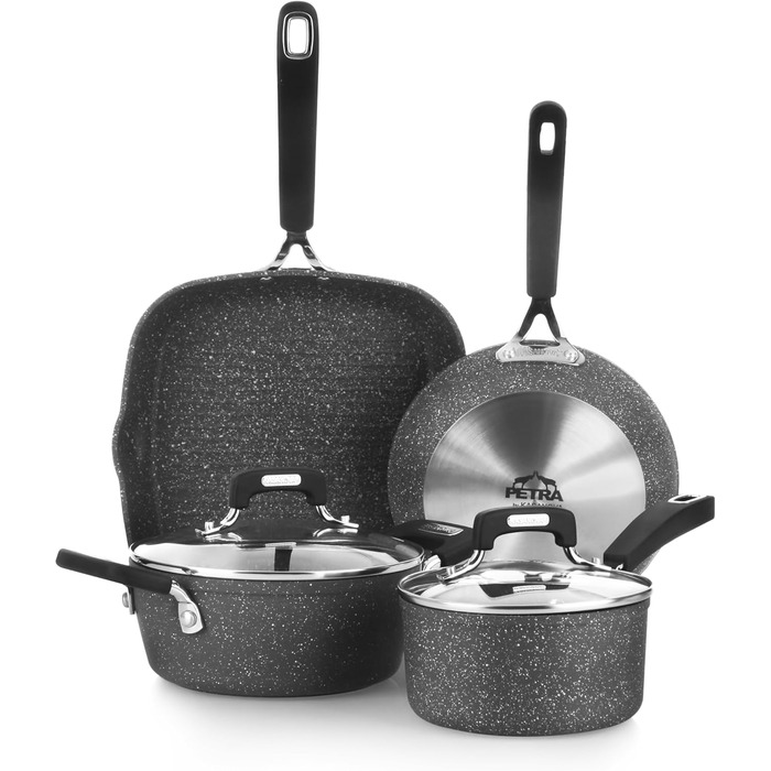 Набір каструль та сковорідок KASANOVA New Petra Dark для індукції та духовки, антипригарне покриття, захист ручок, нержавіюча ложка (6 шт)