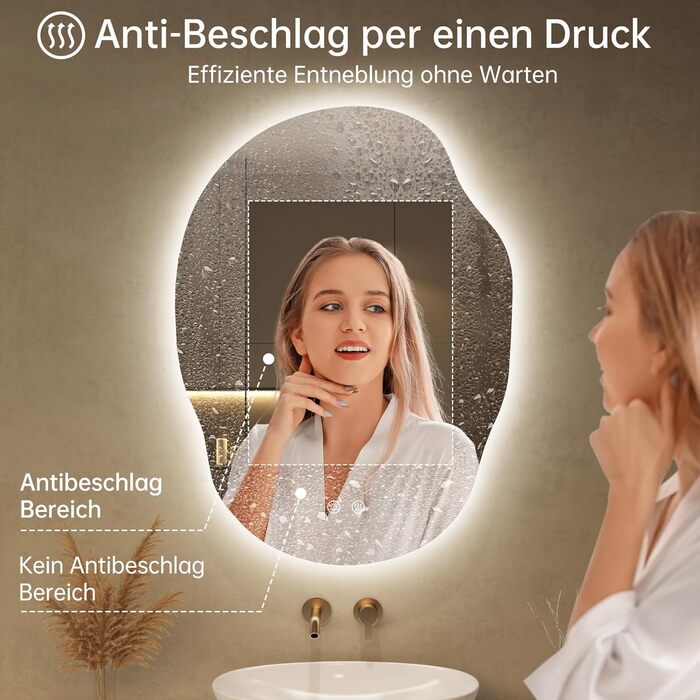 Дзеркало для ванної кімнати з підсвічуванням, арочне, без рами 50x75 см. Touch-панель, регулювання яскравості, 3 кольори світла, запобігання запотіванню